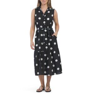 FRANCESCA BETTI Black/White Made In Italy Linen Blend Polka Dot Dress